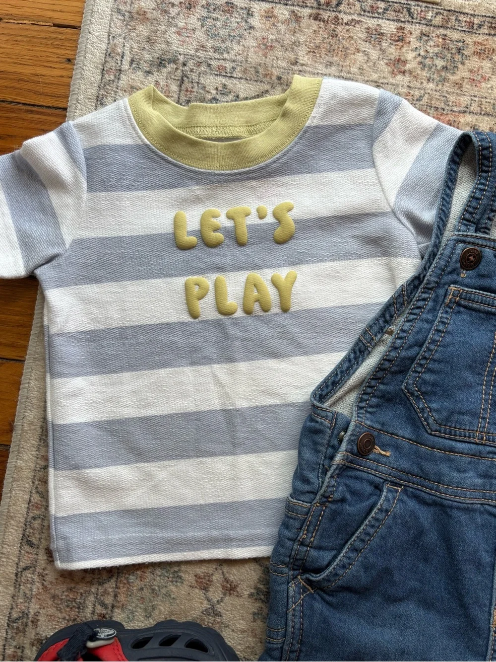 12M Kids Oshkoah Overalls & Striped Carter’s Tee Set with 4/5C Crocs